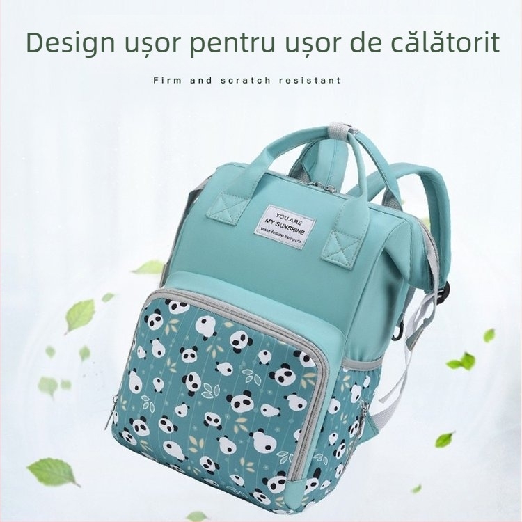 Rucsac maternitate, capacitate mare, compartimente multiple, separare uscat/umed, material Oxford, căptușeală poliester, curele cu pernă de aer (Oxford material; separare uscat-umed; desene anime)