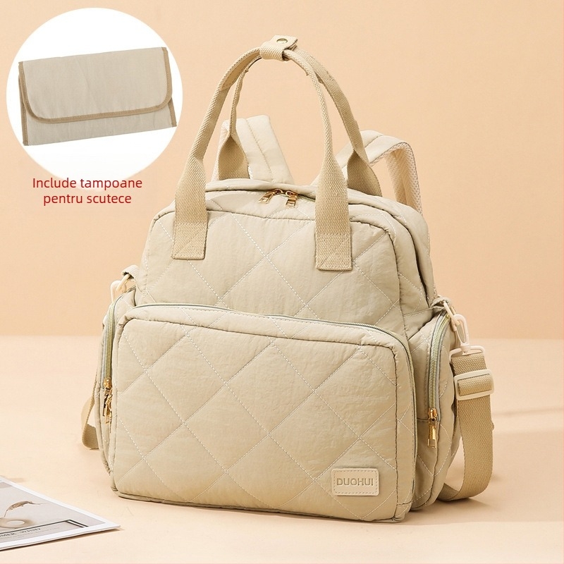 Geantă pentru mamă și bebeluț cu model pătrat brodat, separare uscat/umed, izolație, ultra-ușoară, material Oxford