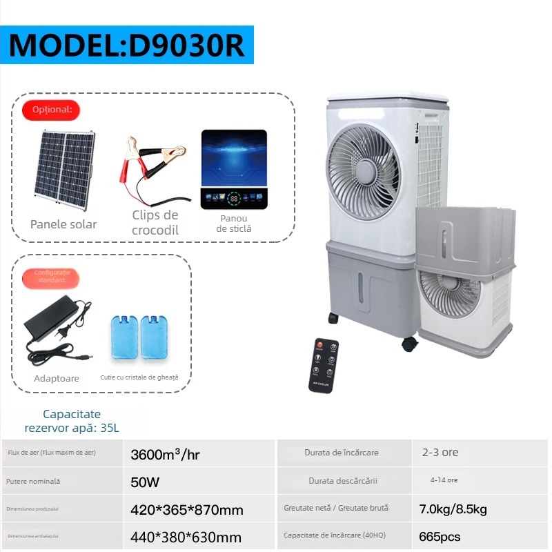 Răcitor portabil cu baterie Li-ion 1500mAh, solar, AC/DC, lampă LED pentru omorârea țânțarilor, funcționare silențioasă, telecomandă, interior/exterior, model 9030-R