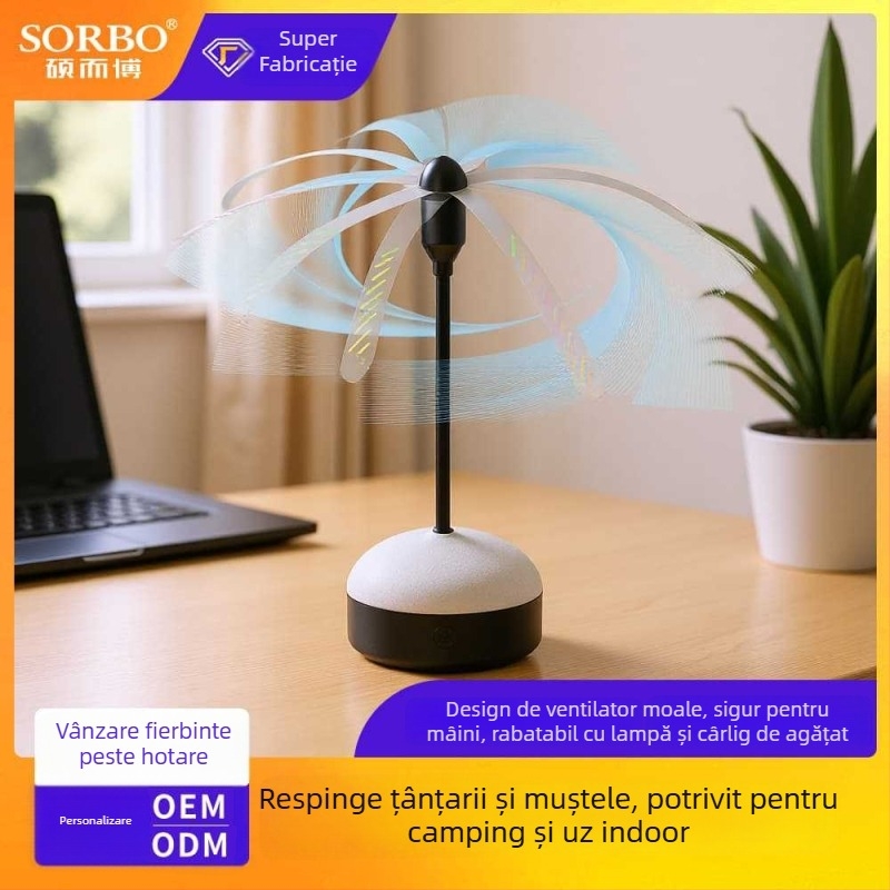 Ventilator anti ţânţari, cu design pliabil şi posibilitate de agăţare – pentru interior/exterior, acoperire 5–10 m², baterie Li‑ion 1200–1500mAh, autonomie 8–12 ore, model 1333b