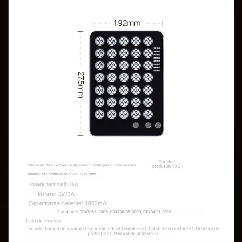 Instrument de înfrumusețare — terapie cu LED pentru albire și rejuvenare a pielii, portabil, baterie încorporată 1200–2000 mAh, IPX5 rezistent la apă, pentru utilizare comercială