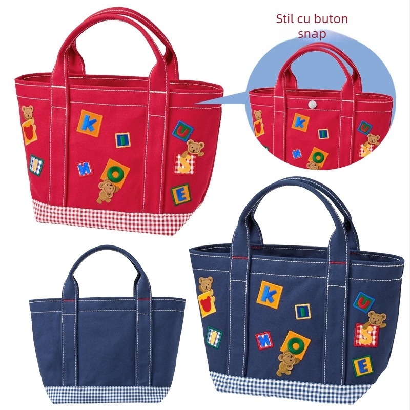Geantă Mommy: broderie ursuleț japonez, bucket bag, pânză, stil urban minimalist, formă orizontală pătrată, clapetă de închidere