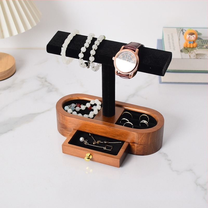 Suport de bijuterii din lemn, suport de birou cu trei etaje pentru brățări și ceasuri, organizator multifuncțional pentru bijuterii, design modern minimalist