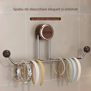 Organizator de păr cu ventuză — fără găuri, multifuncțional, cadru din lemn și oțel inoxidabil, montaj pe perete cu ventuză, depozitare baie, 1 nivel