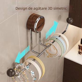 Organizator de păr cu ventuză — fără găuri, multifuncțional, cadru din lemn și oțel inoxidabil, montaj pe perete cu ventuză, depozitare baie, 1 nivel