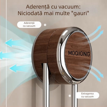 Organizator de păr cu ventuză — fără găuri, multifuncțional, cadru din lemn și oțel inoxidabil, montaj pe perete cu ventuză, depozitare baie, 1 nivel