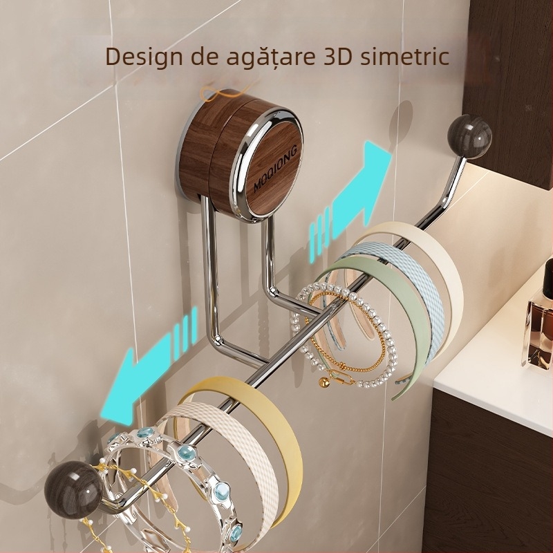 Organizator de păr cu ventuză — fără găuri, multifuncțional, cadru din lemn și oțel inoxidabil, montaj pe perete cu ventuză, depozitare baie, 1 nivel