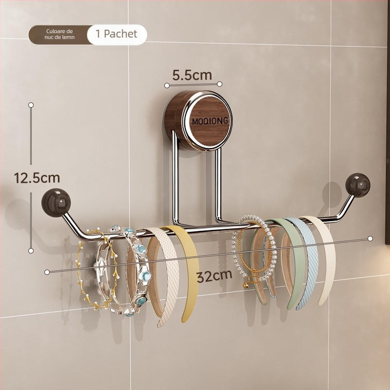 Organizator de păr cu ventuză — fără găuri, multifuncțional, cadru din lemn și oțel inoxidabil, montaj pe perete cu ventuză, depozitare baie, 1 nivel