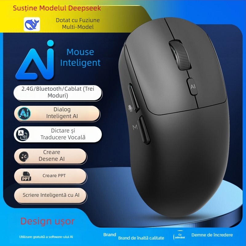 Mouse AI vocal fără fir V18 — Traducere vocală & asistență AI (2.4G+Bluetooth, 3500dpi, 3 butoane, USB, rază de 10 m)
