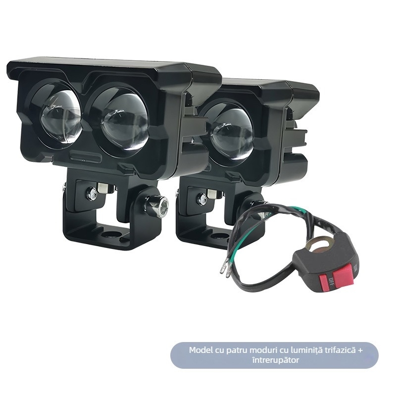 Proiector pentru motocicletă cu lentile duble, fascicul apropiat și departe, alb-galben, LED, 12V, IP68, 3000 lm