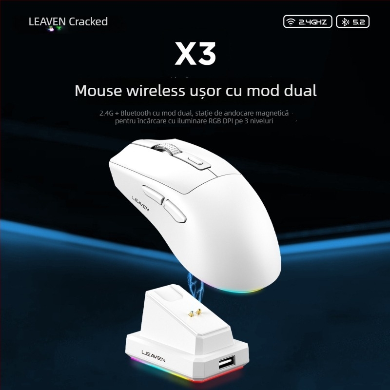 Crack X3 mouse Bluetooth fără fir, cu mod dual și bază de încărcare, ușor pentru laptop, gaming și e-sports