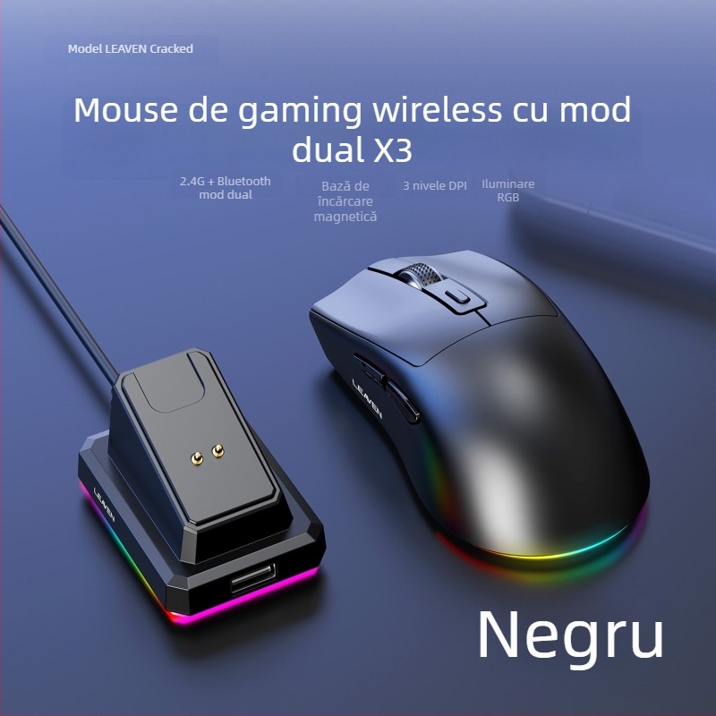 Crack X3 mouse Bluetooth fără fir, cu mod dual și bază de încărcare, ușor pentru laptop, gaming și e-sports