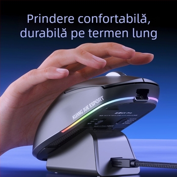 Mouse gaming Bluetooth fără fir cu bază de încărcare, 3 moduri, 5600 DPI, 4 butoane, ergonomic