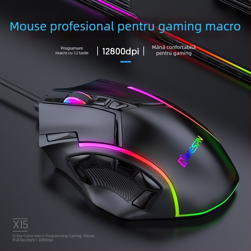 ICEDI MD300 mouse de gaming cu macro de 9 taste, suport driver, 7200 DPI, rată de polling 125–1000 Hz, iluminare RGB