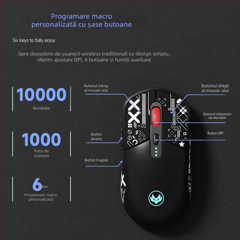 Mouse fotoelectric Hot Silver Fox – interfață USB, 10000 DPI, 6 butoane, cablu + 2.4G, reîncărcabil