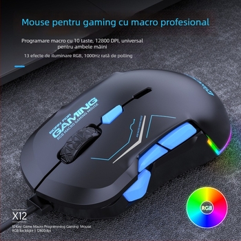 Mouse de gaming cu 12800 DPI, 10 butoane, USB cablat, macro RGB, Model X12