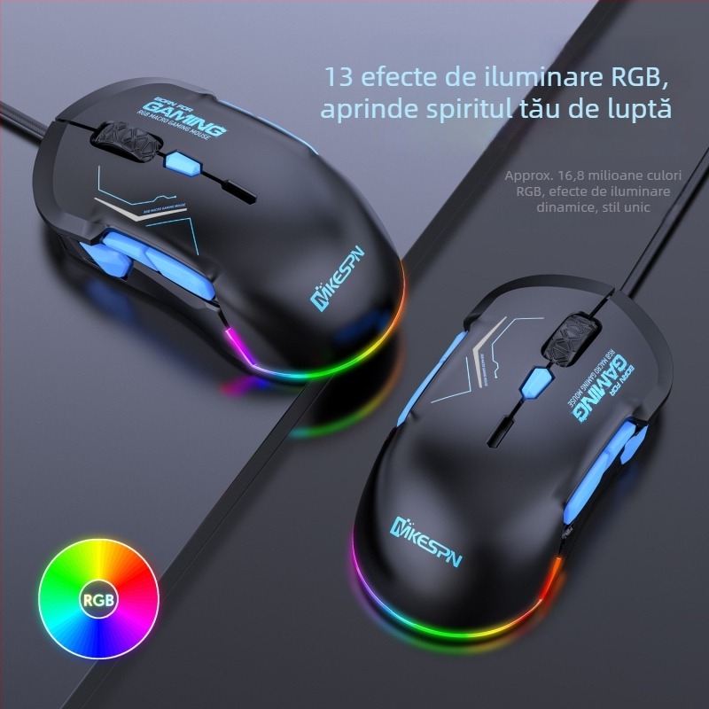 Mouse de gaming cu 12800 DPI, 10 butoane, USB cablat, macro RGB, Model X12