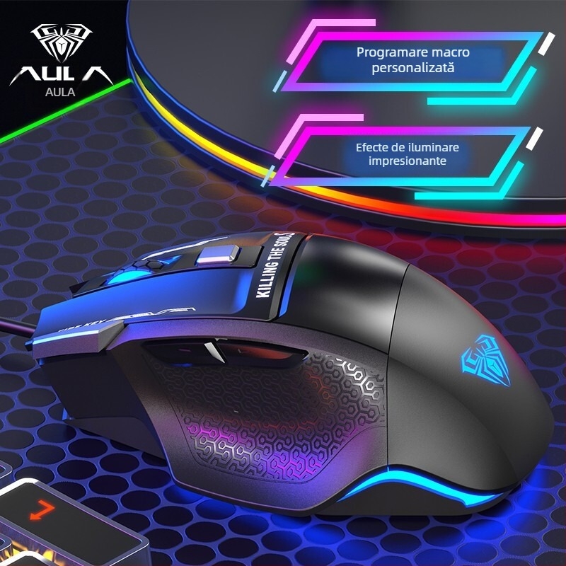 Mouse de gaming cu cablu, macro-programabil, 6 butoane, DPI 2000, USB, ergonomic