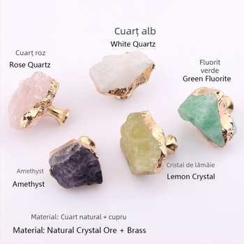 Mâner pentru sertare și uși de dulap | Cristal natural + alamă | Finisare: tăiere, șlefuire, electroplacare | Utilizare: sertare, uși de dulap, cârlige, mânere decorative | Stil: lux lejer | Model: textură și formă aleatorii