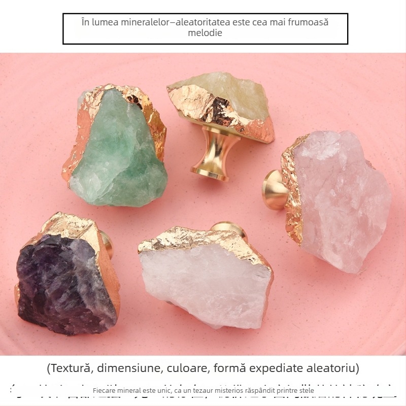 Mâner pentru sertare și uși de dulap | Cristal natural + alamă | Finisare: tăiere, șlefuire, electroplacare | Utilizare: sertare, uși de dulap, cârlige, mânere decorative | Stil: lux lejer | Model: textură și formă aleatorii