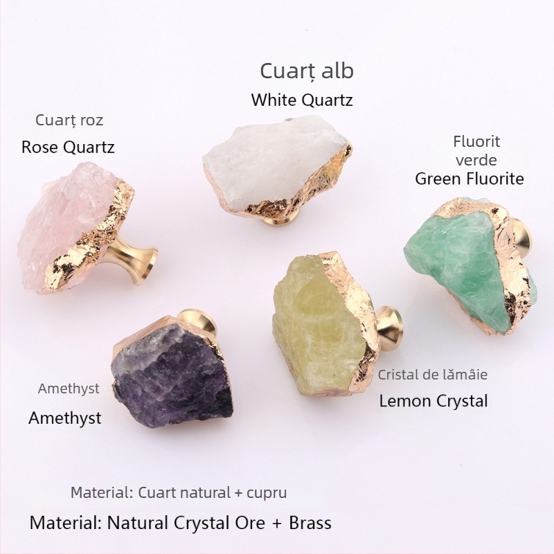 Mâner pentru sertare și uși de dulap | Cristal natural + alamă | Finisare: tăiere, șlefuire, electroplacare | Utilizare: sertare, uși de dulap, cârlige, mânere decorative | Stil: lux lejer | Model: textură și formă aleatorii