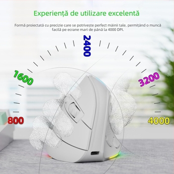 Mouse vertical fără fir cu mod dual (2.4G/Bluetooth), 4000dpi, 9 taste, reîncărcabil, Bluetooth și 2.4GHz, până la 10 m