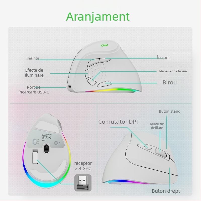 Mouse vertical fără fir cu mod dual (2.4G/Bluetooth), 4000dpi, 9 taste, reîncărcabil, Bluetooth și 2.4GHz, până la 10 m