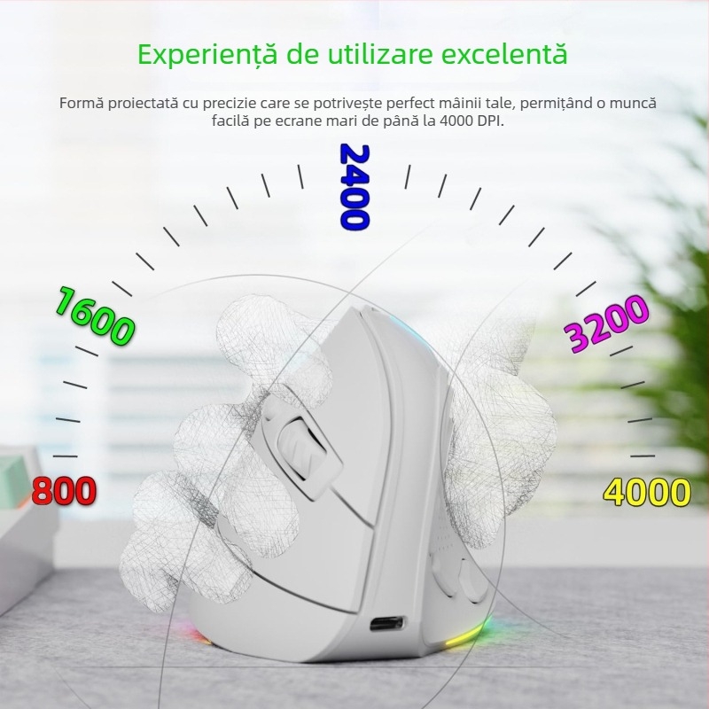 Mouse vertical fără fir cu mod dual (2.4G/Bluetooth), 4000dpi, 9 taste, reîncărcabil, Bluetooth și 2.4GHz, până la 10 m