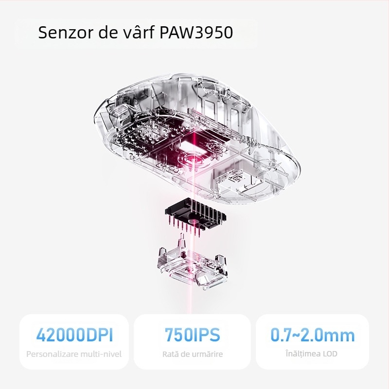 Mouse de gaming cu conexiune cablată și wireless 2.4G, senzor PAW3950, 42000 DPI, ergonomic pentru mâna dreaptă
