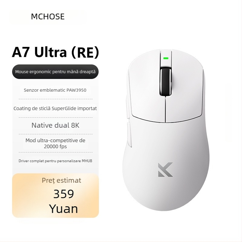 Mouse de gaming cu conexiune cablată și wireless 2.4G, senzor PAW3950, 42000 DPI, ergonomic pentru mâna dreaptă