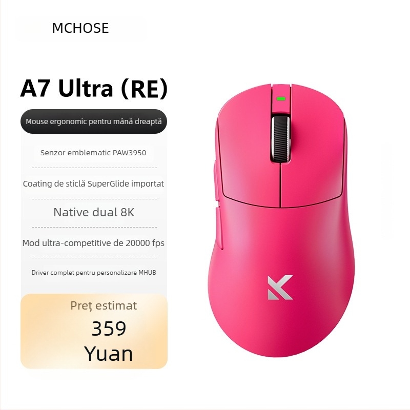 Mouse de gaming cu conexiune cablată și wireless 2.4G, senzor PAW3950, 42000 DPI, ergonomic pentru mâna dreaptă