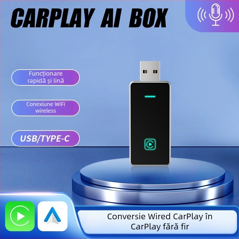 Cutie USB CarPlay & Android Auto wireless, dual-channel pentru mașini – 5V, 3–5W, 45 g, indicatori LED