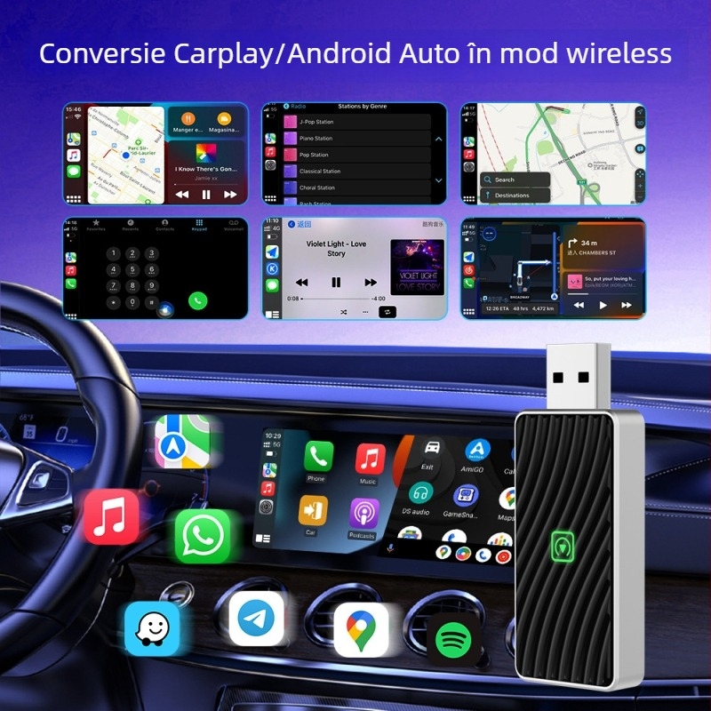 Cutie USB CarPlay & Android Auto wireless, dual-channel pentru mașini – 5V, 3–5W, 45 g, indicatori LED