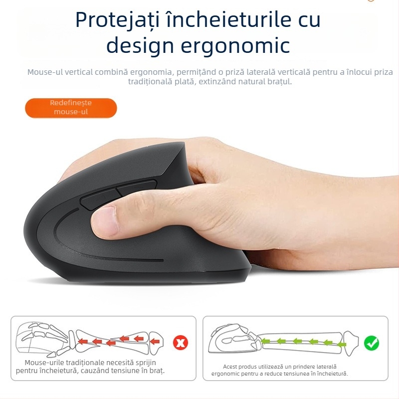 Mouse vertical ergonomic fără fir, a cincea generație, pentru mână dreaptă, dual-mod Bluetooth/2.4G, 1600 DPI