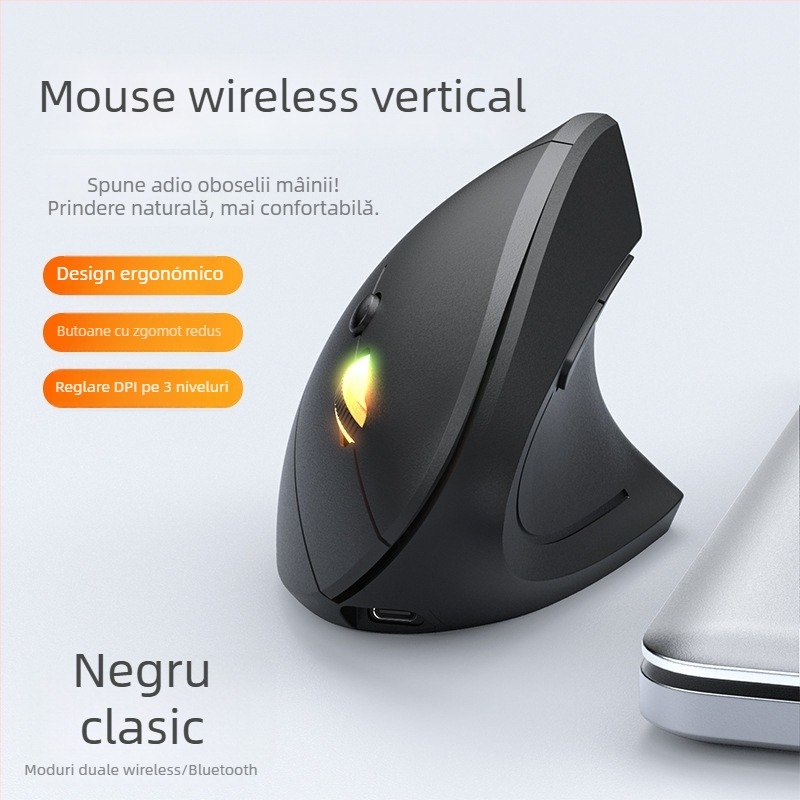 Mouse vertical ergonomic fără fir, a cincea generație, pentru mână dreaptă, dual-mod Bluetooth/2.4G, 1600 DPI