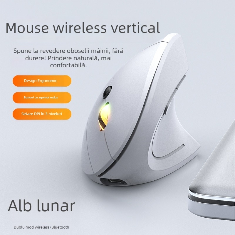 Mouse vertical ergonomic fără fir, a cincea generație, pentru mână dreaptă, dual-mod Bluetooth/2.4G, 1600 DPI