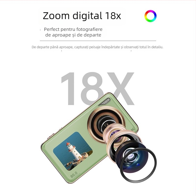 Cameră digitală pentru studenți cu camere frontale și din spate duale, zoom optic 18x, senzor CMOS 12MP, ecran LCD 3.0, 1080p video, stabilizare electronică a imaginii