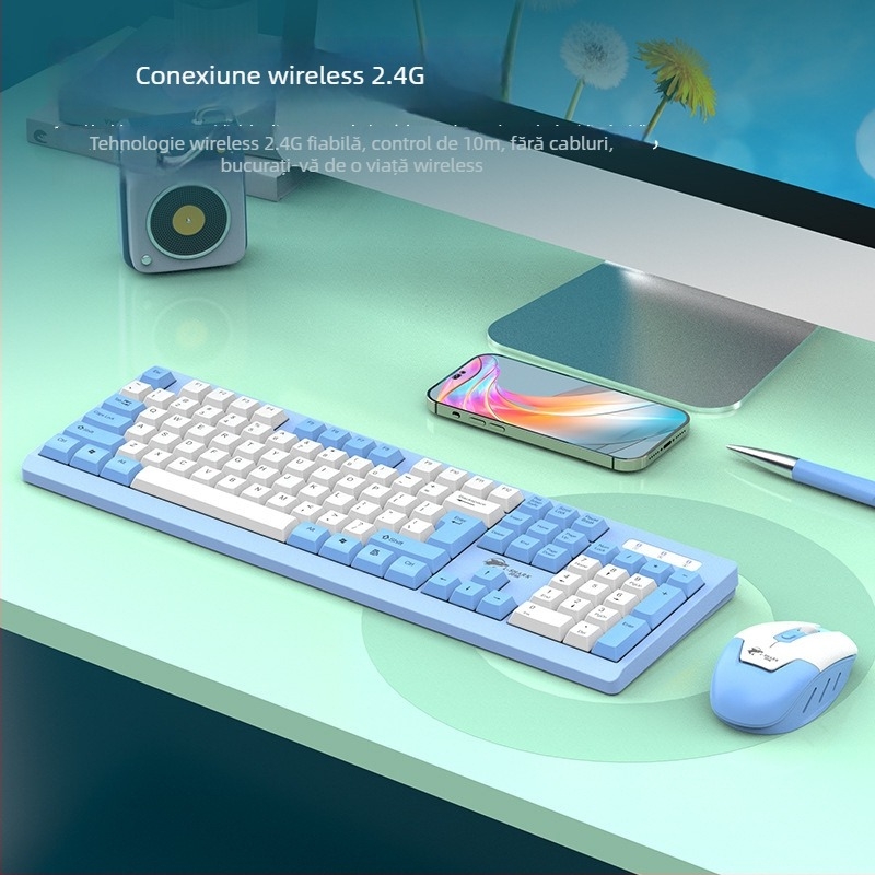 Set tastatură și mouse wireless T906, 104 taste, 2.4GHz, 1600 DPI, Plug‑and‑Play, ergonomic