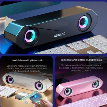 Difuzor pentru calculator de birou cu baterie încorporată, conectivitate 3,5 mm/USB/Bluetooth, răspuns în frecvență 40 Hz–20 kHz, SNR ≥100 dB, carcasă din aluminiu