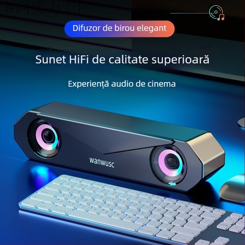 Difuzor pentru calculator de birou cu baterie încorporată, conectivitate 3,5 mm/USB/Bluetooth, răspuns în frecvență 40 Hz–20 kHz, SNR ≥100 dB, carcasă din aluminiu