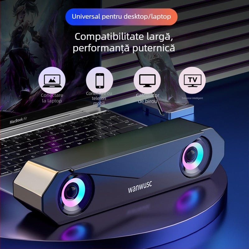 Difuzor pentru calculator de birou cu baterie încorporată, conectivitate 3,5 mm/USB/Bluetooth, răspuns în frecvență 40 Hz–20 kHz, SNR ≥100 dB, carcasă din aluminiu