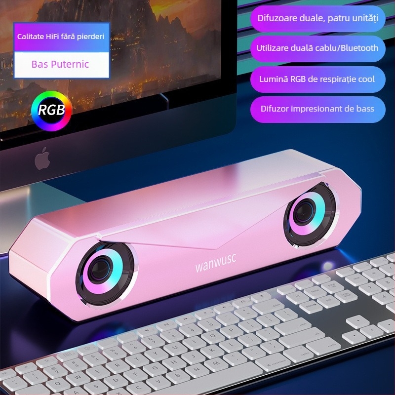 Difuzor pentru calculator de birou cu baterie încorporată, conectivitate 3,5 mm/USB/Bluetooth, răspuns în frecvență 40 Hz–20 kHz, SNR ≥100 dB, carcasă din aluminiu