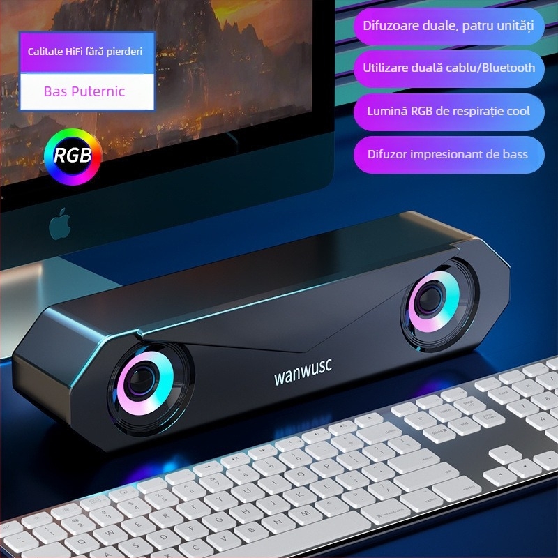 Difuzor pentru calculator de birou cu baterie încorporată, conectivitate 3,5 mm/USB/Bluetooth, răspuns în frecvență 40 Hz–20 kHz, SNR ≥100 dB, carcasă din aluminiu