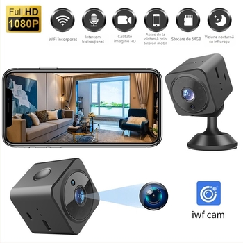 AS02 Cameră de supraveghere wireless cu viziune nocturnă 1080p, detecție de mișcare și stocare pe card TF