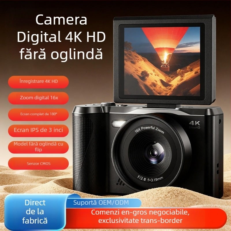 Aparat foto mirrorless de călătorie cu ecran rabatabil și obiectiv tip periscop (4K, senzor CMOS, ecran LCD de 3,0 inch)