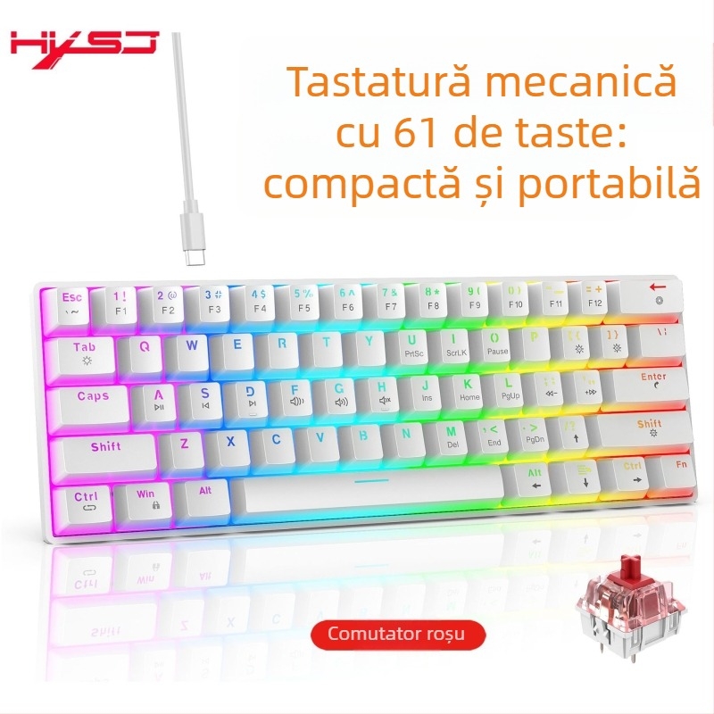Tastatură mecanică cu fir de 61 taste, iluminare RGB și switchuri roșii liniari, ABS plastic