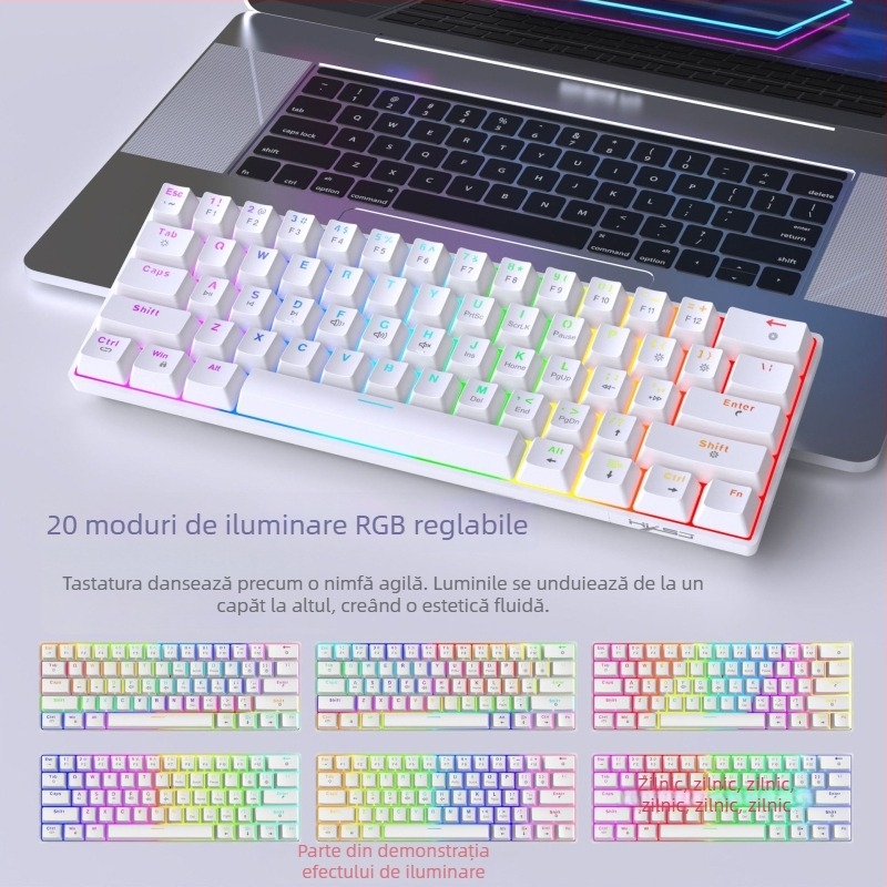 Tastatură mecanică cu fir de 61 taste, iluminare RGB și switchuri roșii liniari, ABS plastic