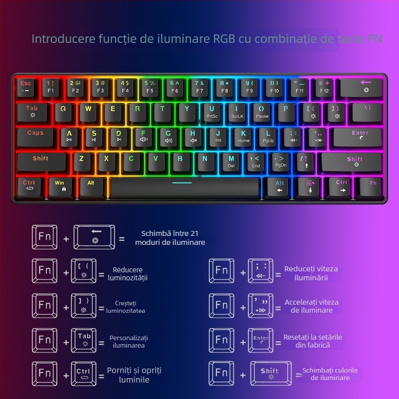 Tastatură mecanică cu fir de 61 taste, iluminare RGB și switchuri roșii liniari, ABS plastic