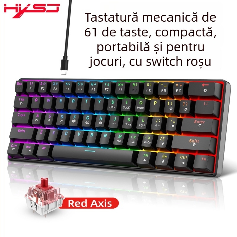 Tastatură mecanică cu fir de 61 taste, iluminare RGB și switchuri roșii liniari, ABS plastic
