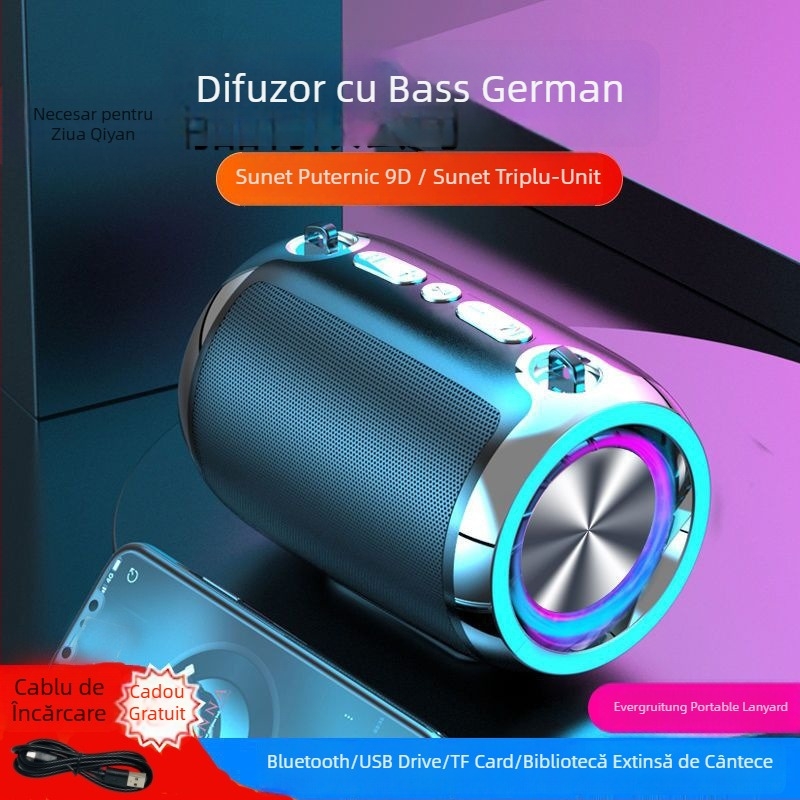 Difuzor Bluetooth fără fir cu subwoofer încorporat – portabil pentru casă și exterior, carcasă din aliaj de aluminiu, 40 Hz–20 kHz, SNR ≥100 dB, IPX4, baterie 1200–2000 mAh, USB/SD Card/Bluetooth